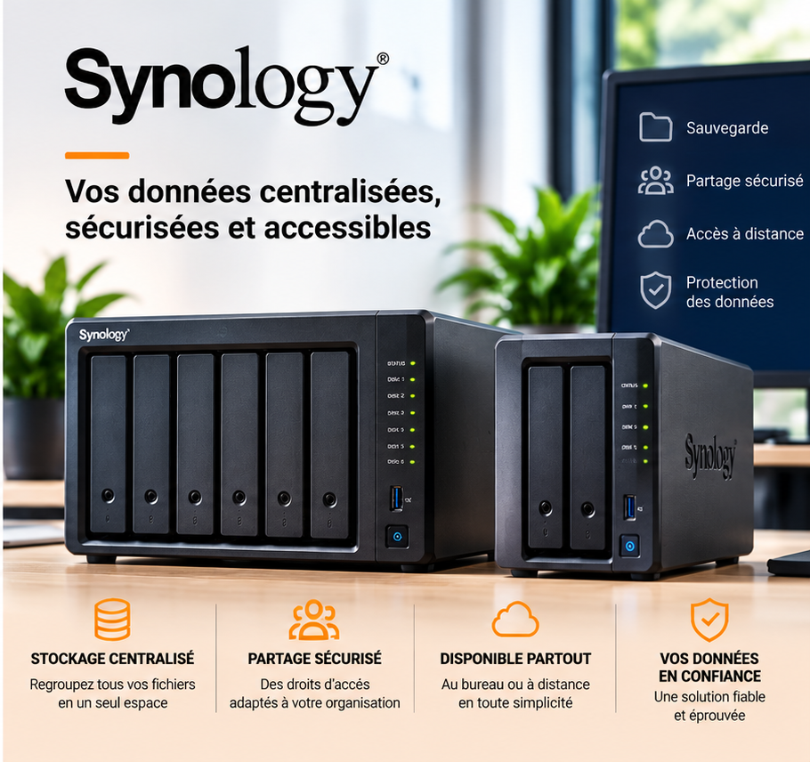 Un NAS Synology permet de regrouper les fichiers de l'entreprise dans un espace centralisé plutôt que de les disperser sur différents ordinateurs.