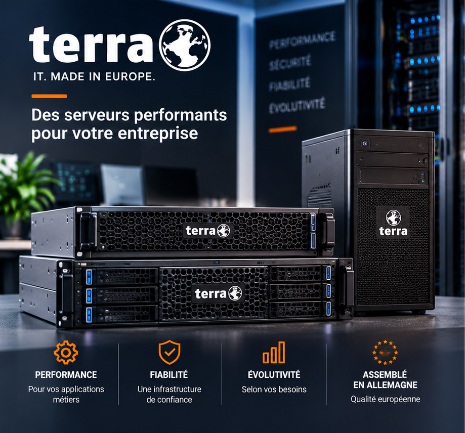 Serveur de fichiers, applications métiers, gestion des utilisateurs, virtualisation ou services réseau : nous dimensionnons votre serveur TERRA selon votre activité et le nombre d'utilisateurs.